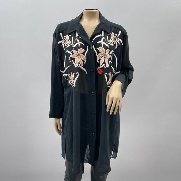 Natori Tops - Natori Saks Tunic Top Women S Black Sheer Floral Embroidered Button Up READ